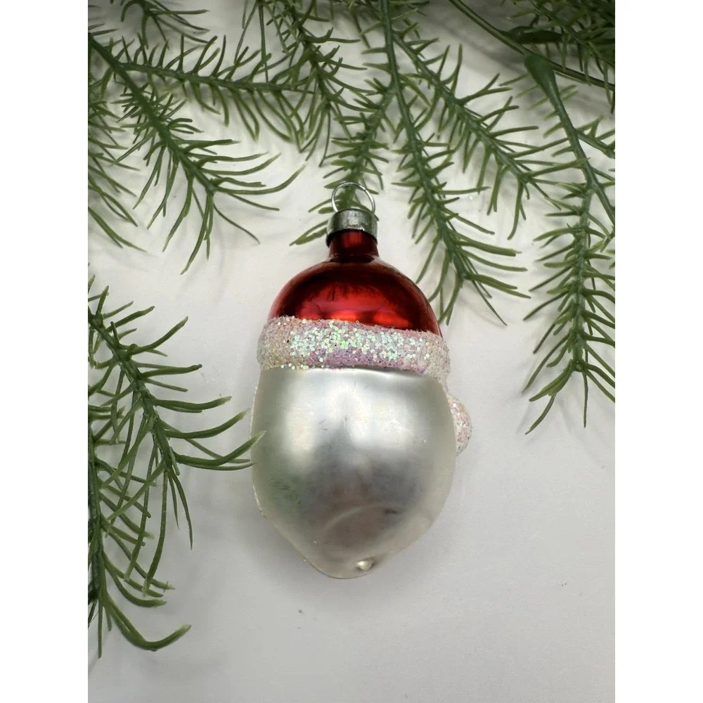 Polish Blown‎ Glass Santa Head Ornament Red Hat Iridescent Glitter 4.5